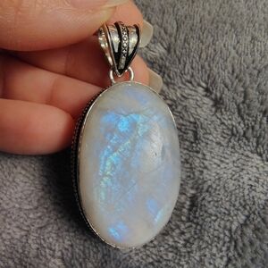 Oval Rainbow Moonstone Stamped 925 Sterling Silver filigree chunky pendant